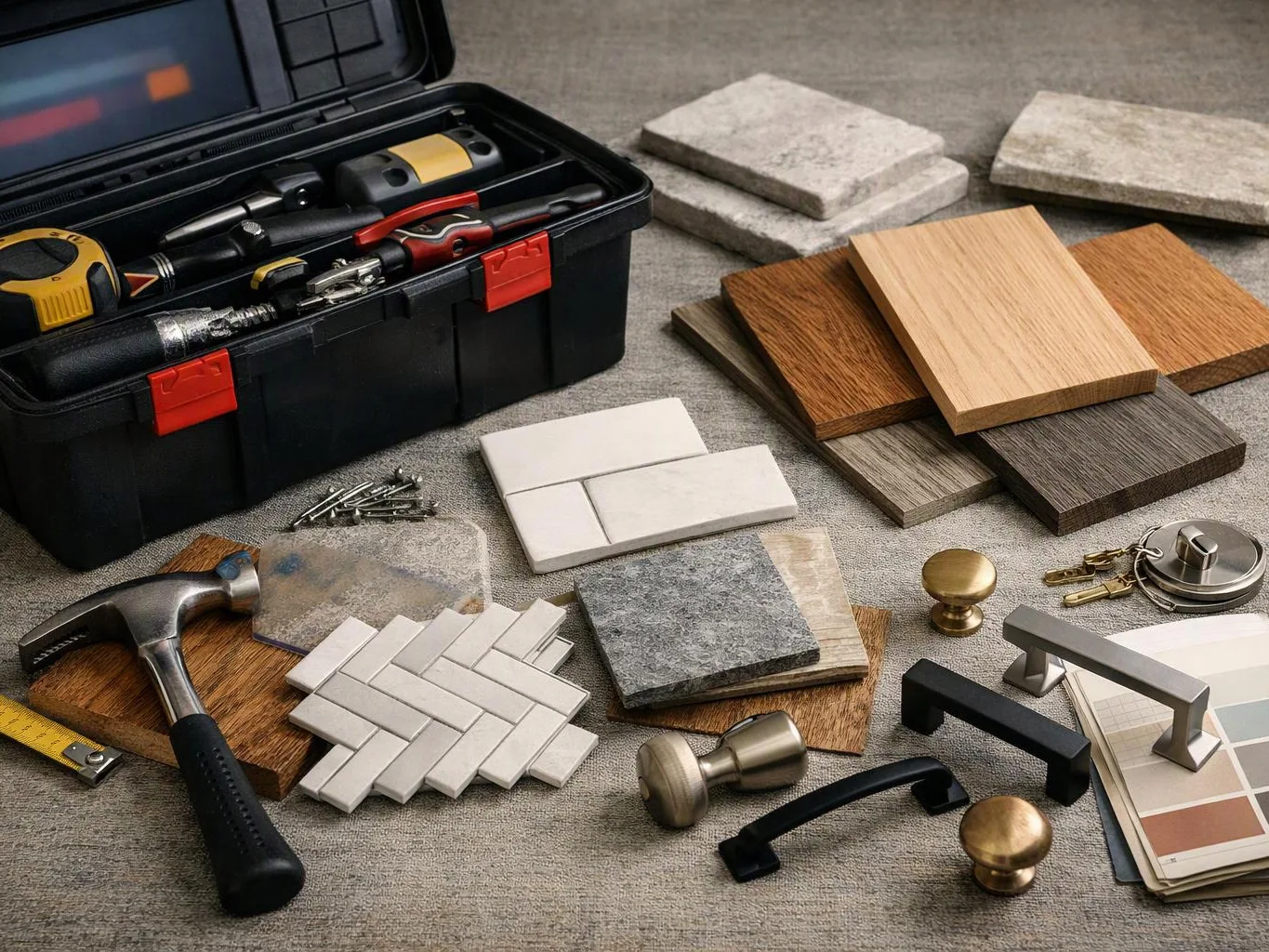 A toolbox and scattered home renovation samples sit on a gray floor, with tiles, wood, hardware, and a hammer