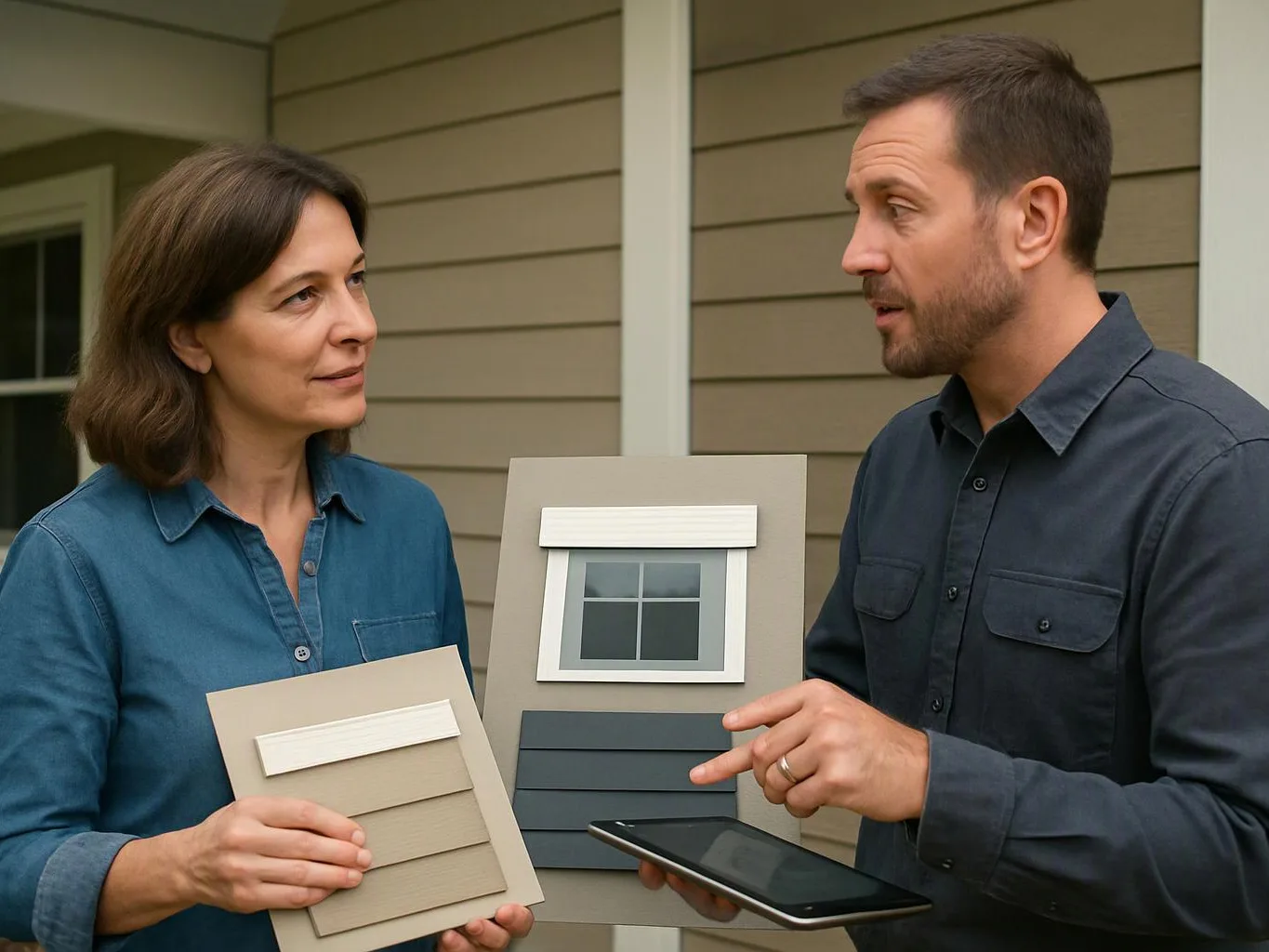 Two adults compare exterior siding samples and a window mockup while one holds a tablet outside a house
