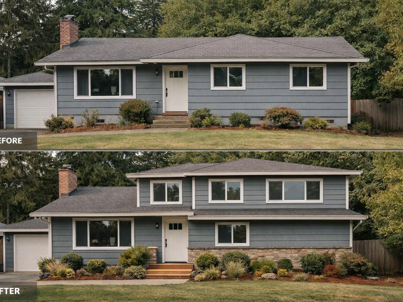 Two exterior views show a gray house before and after a front facade remodel