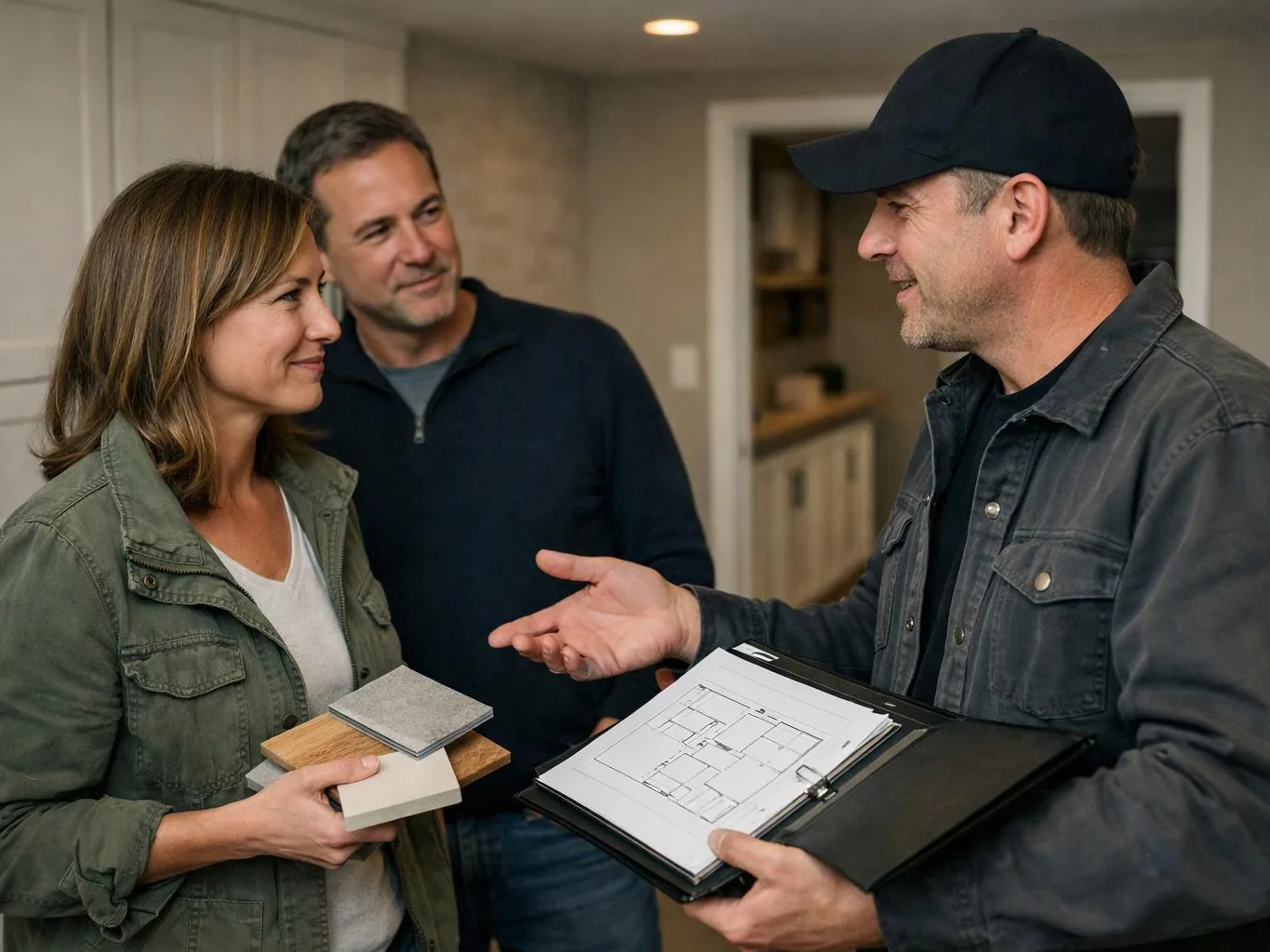 Two homeowners talk with a man holding floor plans and sample materials inside a bright house