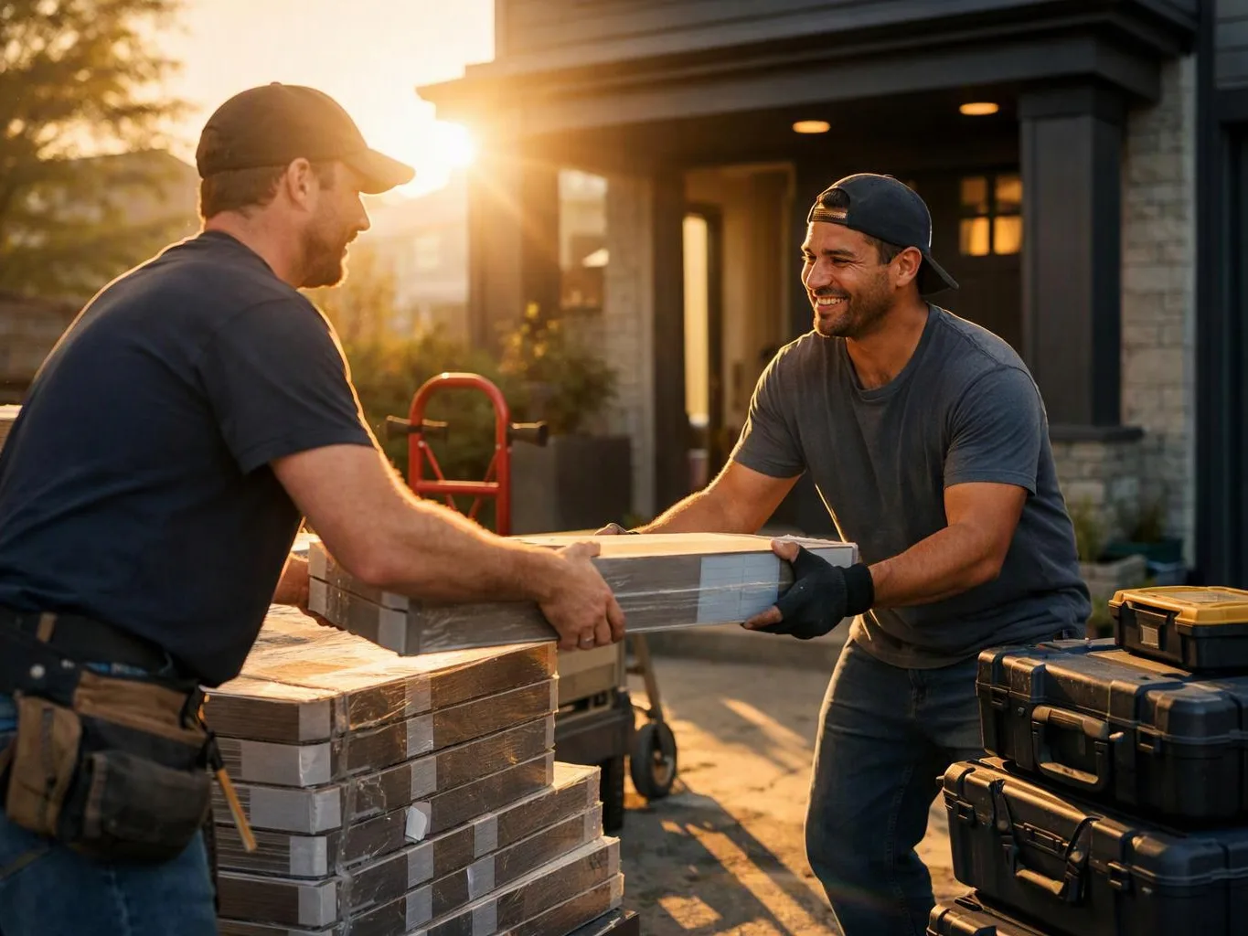Two men in caps pass a wrapped box between stacks of supplies outside a house at sunset