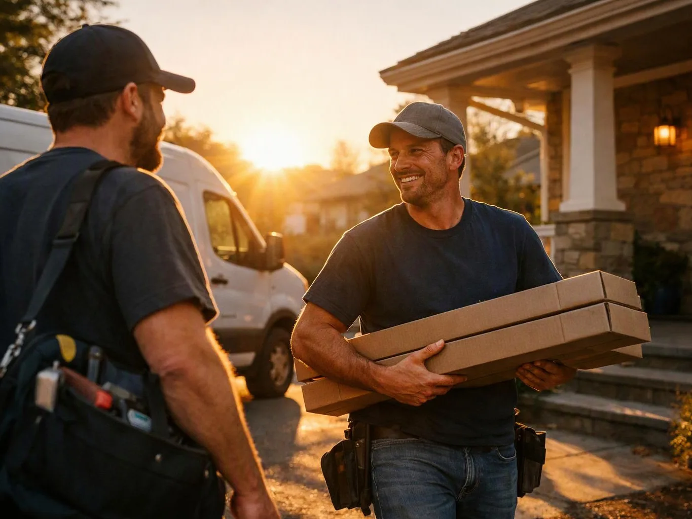 Two men in caps stand by a white van at sunset, one carrying stacked cardboard boxes and smiling at the other