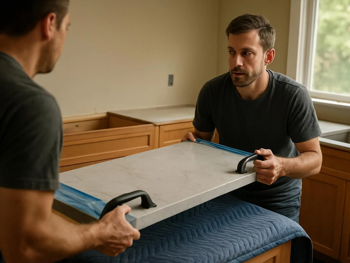 Two men carry a heavy stone countertop through a kitchen room with unfinished cabinets and a window