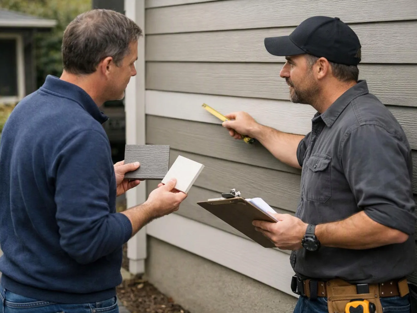 Two men compare siding samples while one measures the house wall with a tape measure