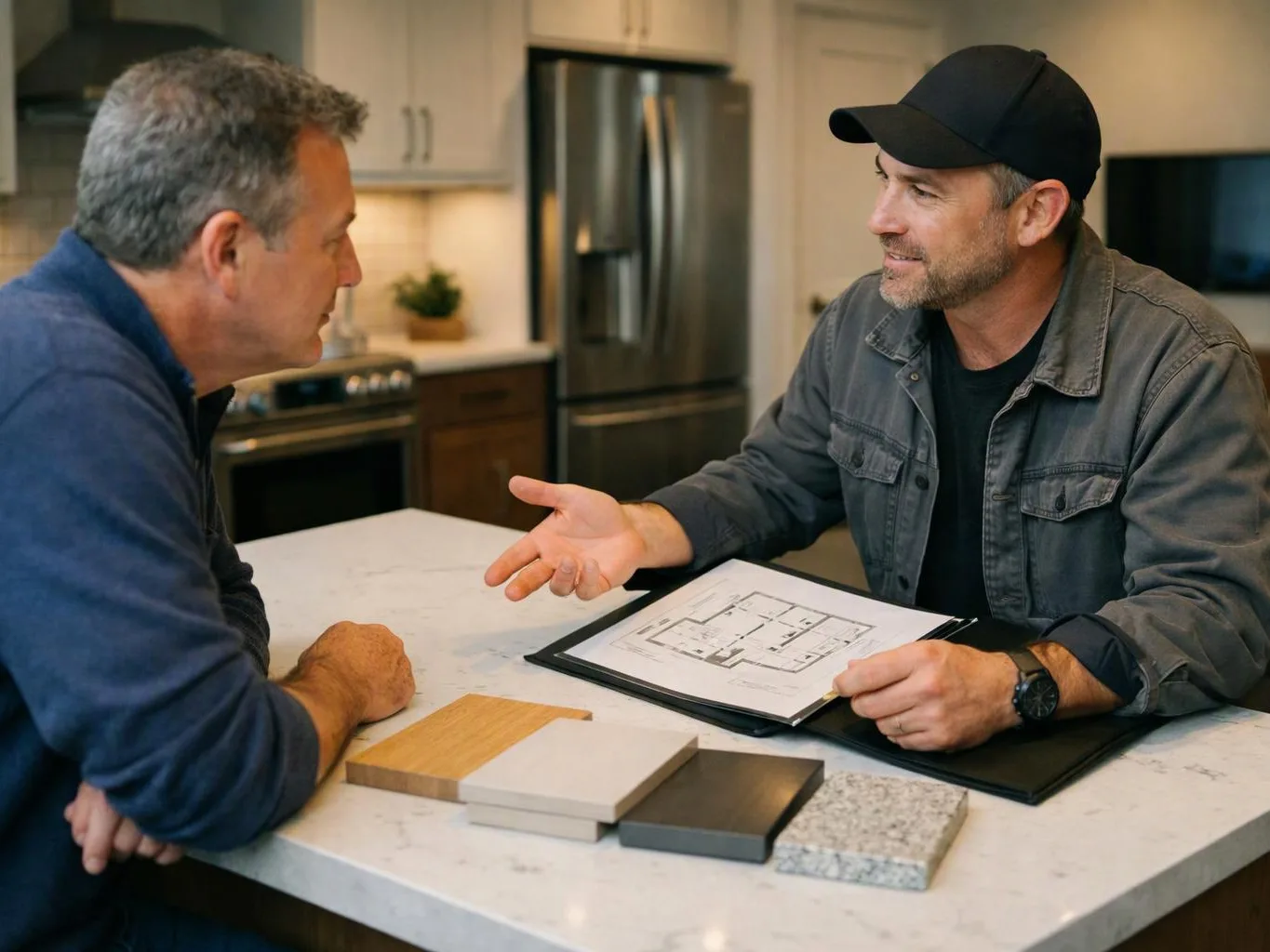 Two men discuss a floor plan at a kitchen island with material samples spread out on the counter