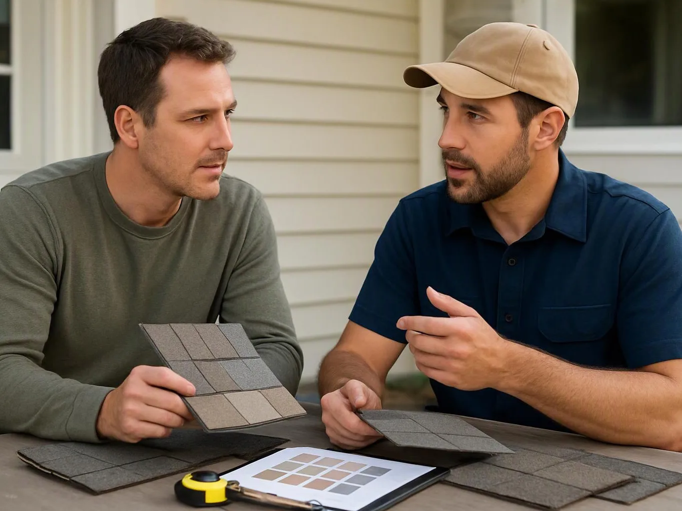 Two men discuss roofing sample tiles at an outdoor table by a house
