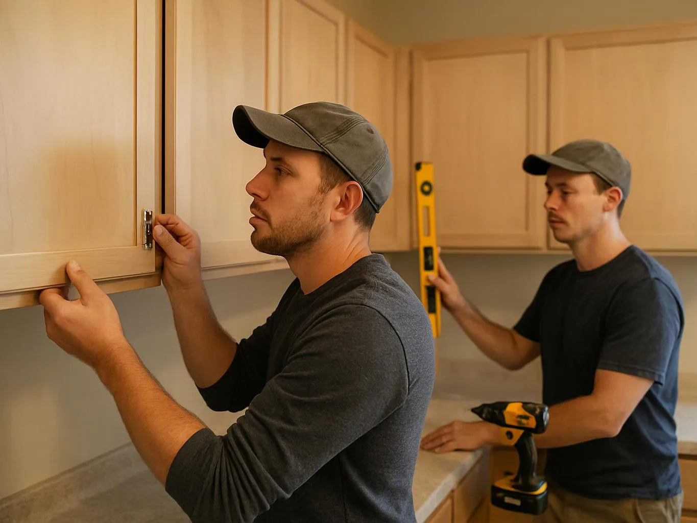 Two men install kitchen cabinets, one adjusting a hinge while the other holds a level and drill