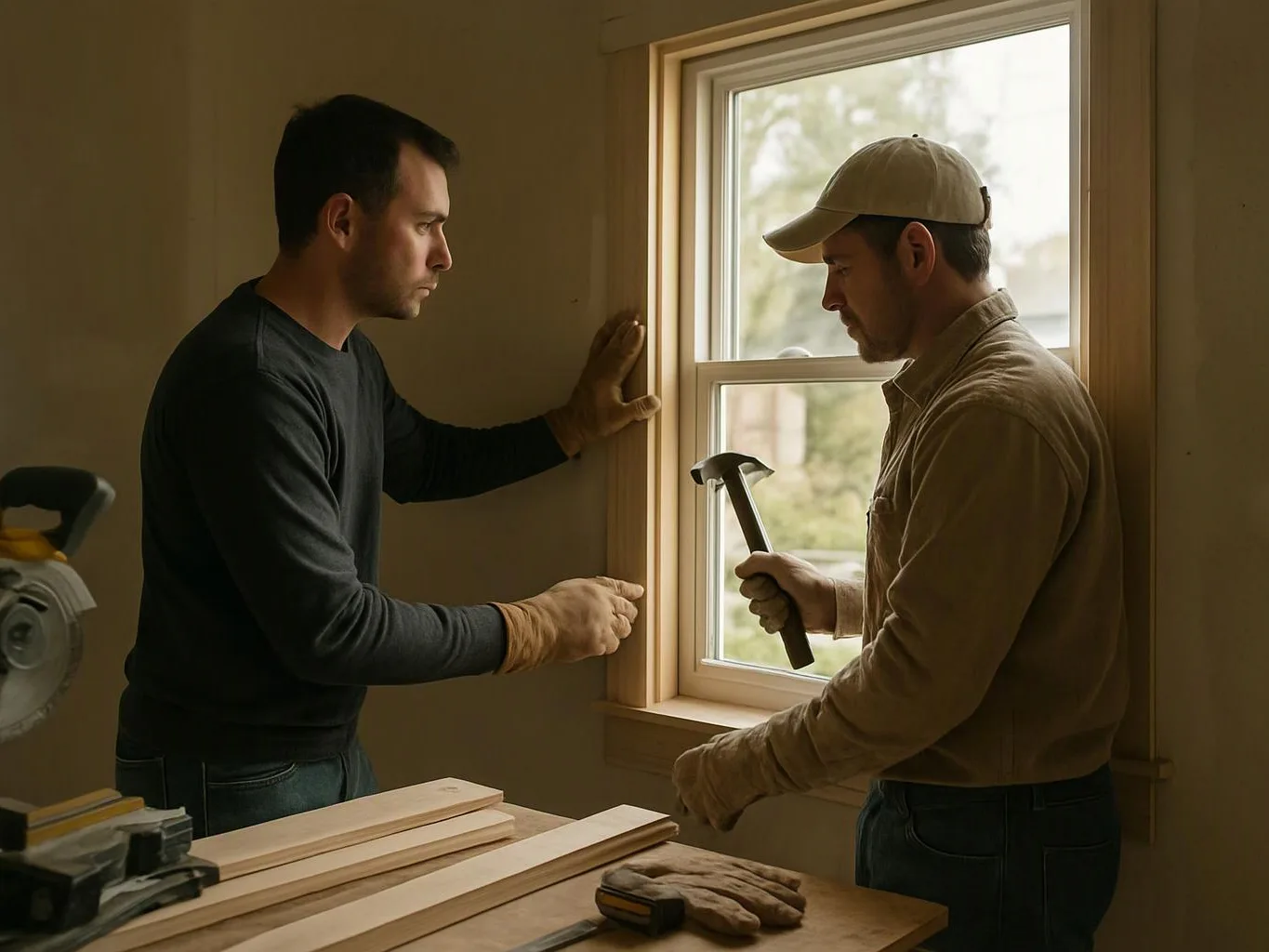 Two men install a window frame in a room, with tools and wood pieces on a worktable