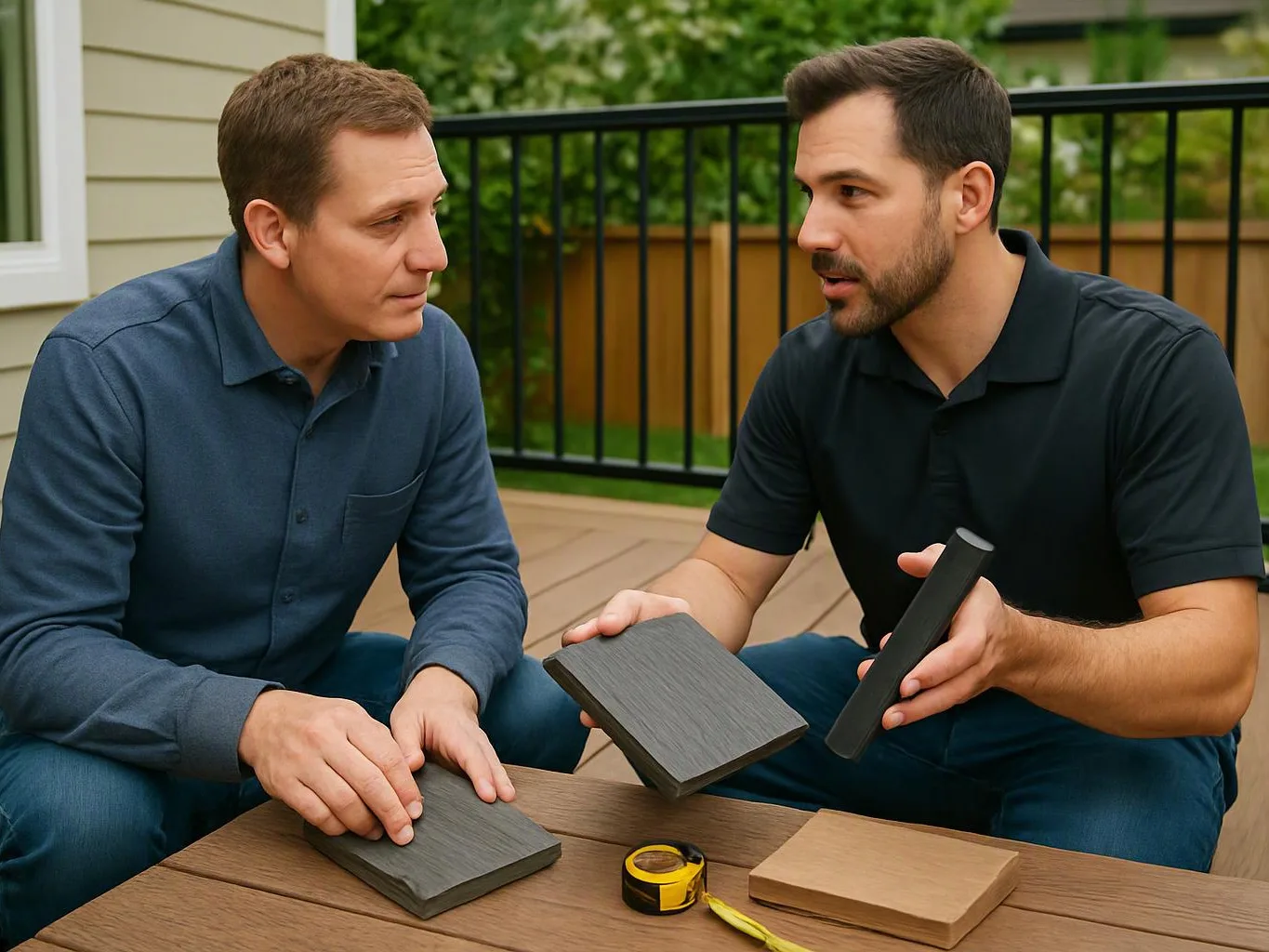 Two men sit on a deck, comparing wood and tile samples beside a tape measure