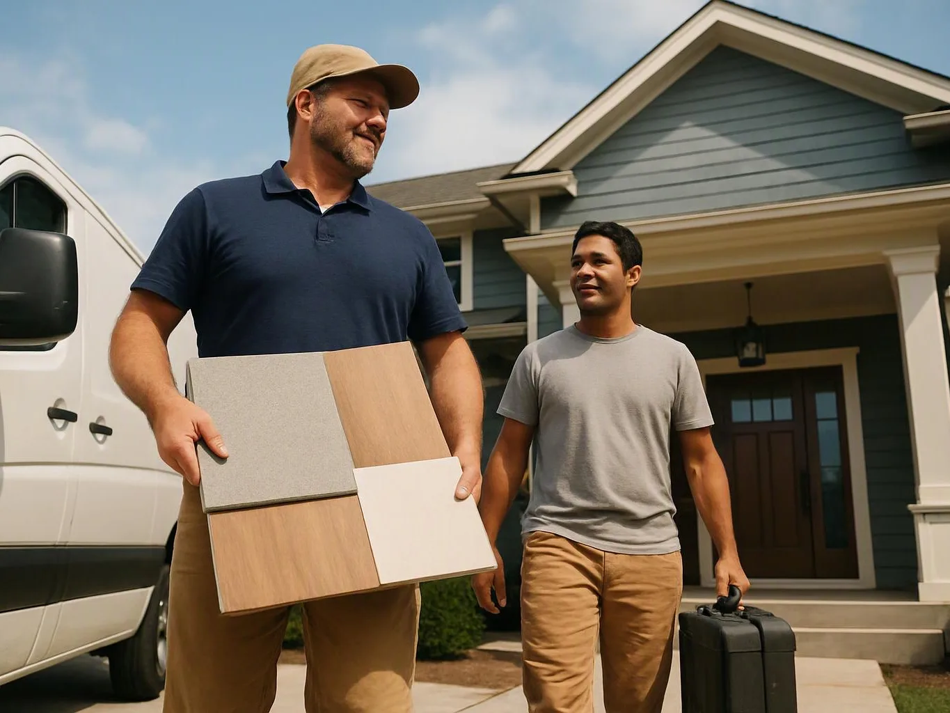 Two men stand by a house and van, one holding tile samples and the other carrying a black case