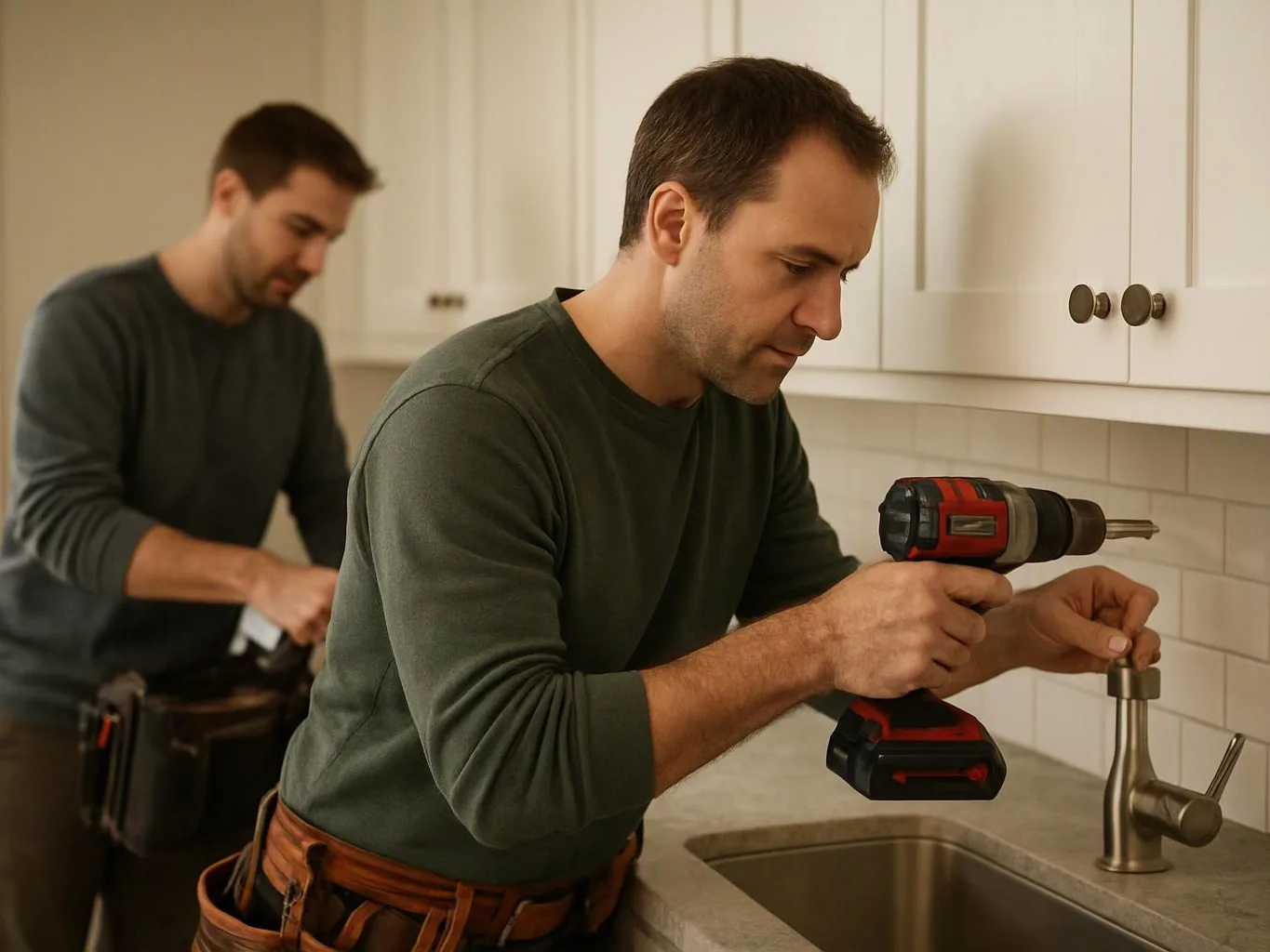 Two men work at a kitchen sink, one using a cordless drill on the faucet while the other stands behind him