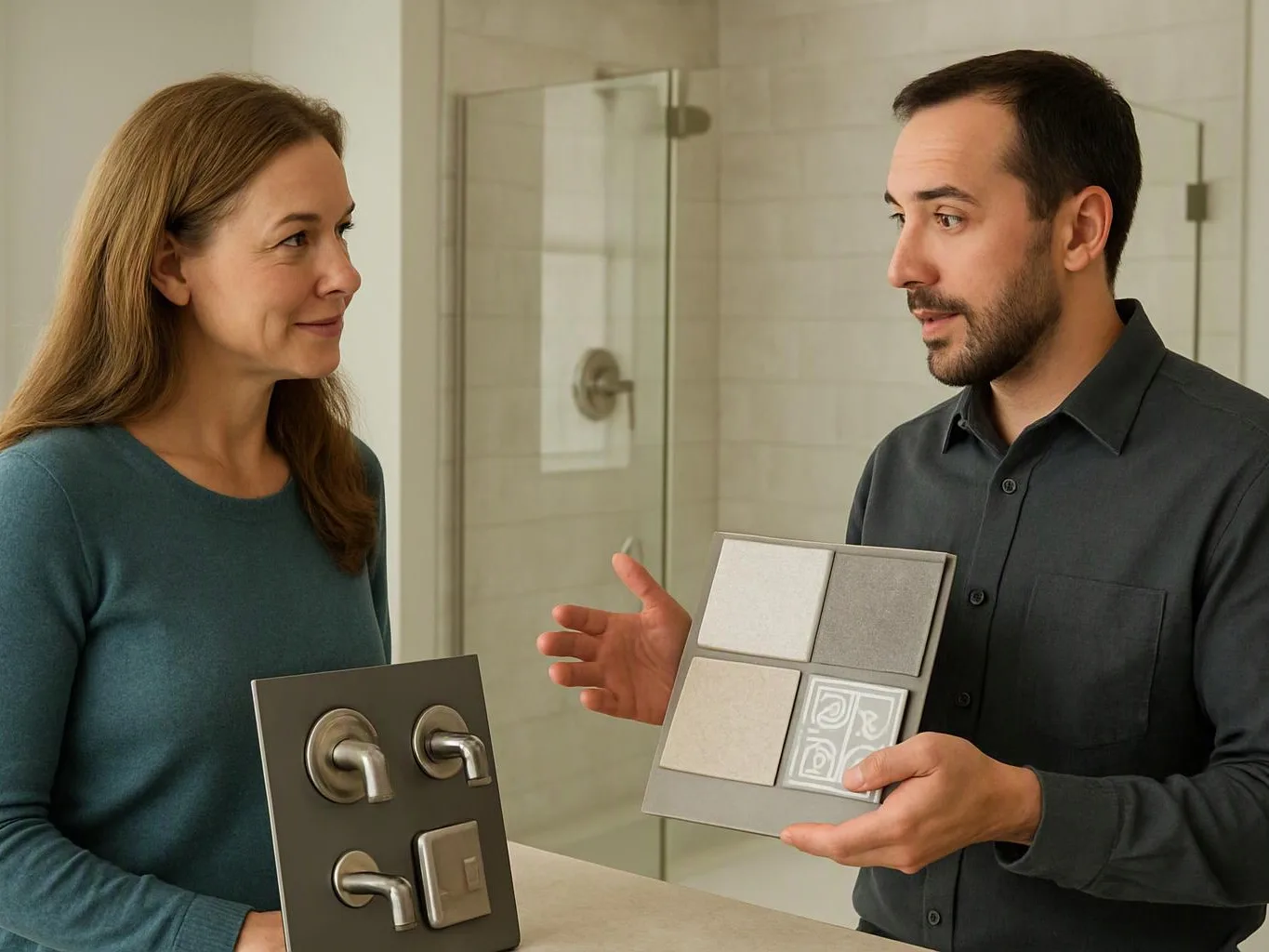 Two people compare bathroom fixture samples beside a glass shower in a bright tiled room