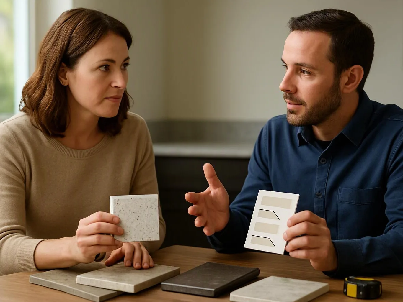 Two people sit at a table comparing sample tiles and holding small color cards indoors