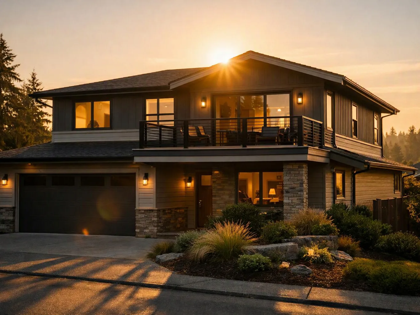 Two-story modern house at sunset, with lit windows, a balcony, and a garage beside a landscaped front yard