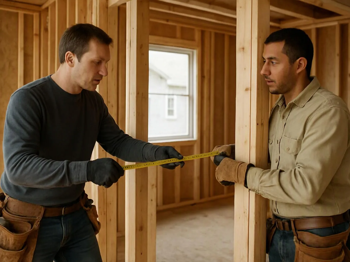 Two workers measure a wooden wall frame with a tape measure inside a house under construction