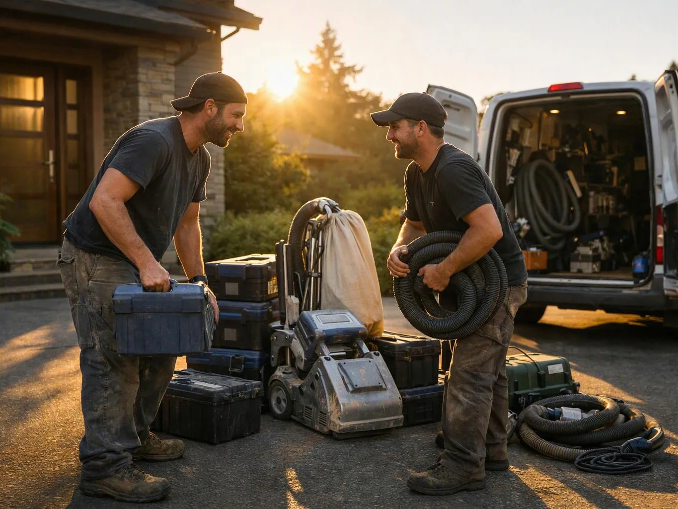 Two workers smile while loading cleaning equipment and hoses beside an open van at sunset