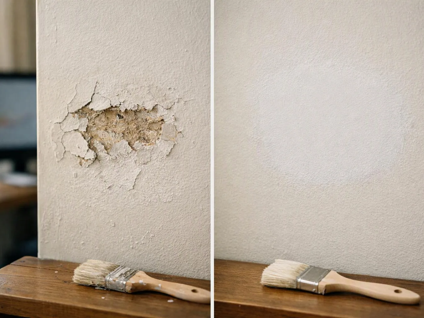 A wall repair before and after shows chipped plaster fixed above a paintbrush on a wooden ledge