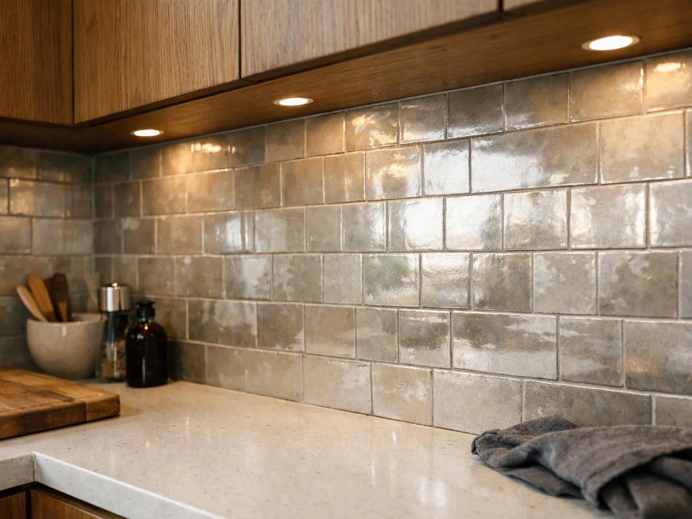 Warm kitchen counter with wood cabinets, shiny gray tile backsplash, jars, cutting board, and folded cloth