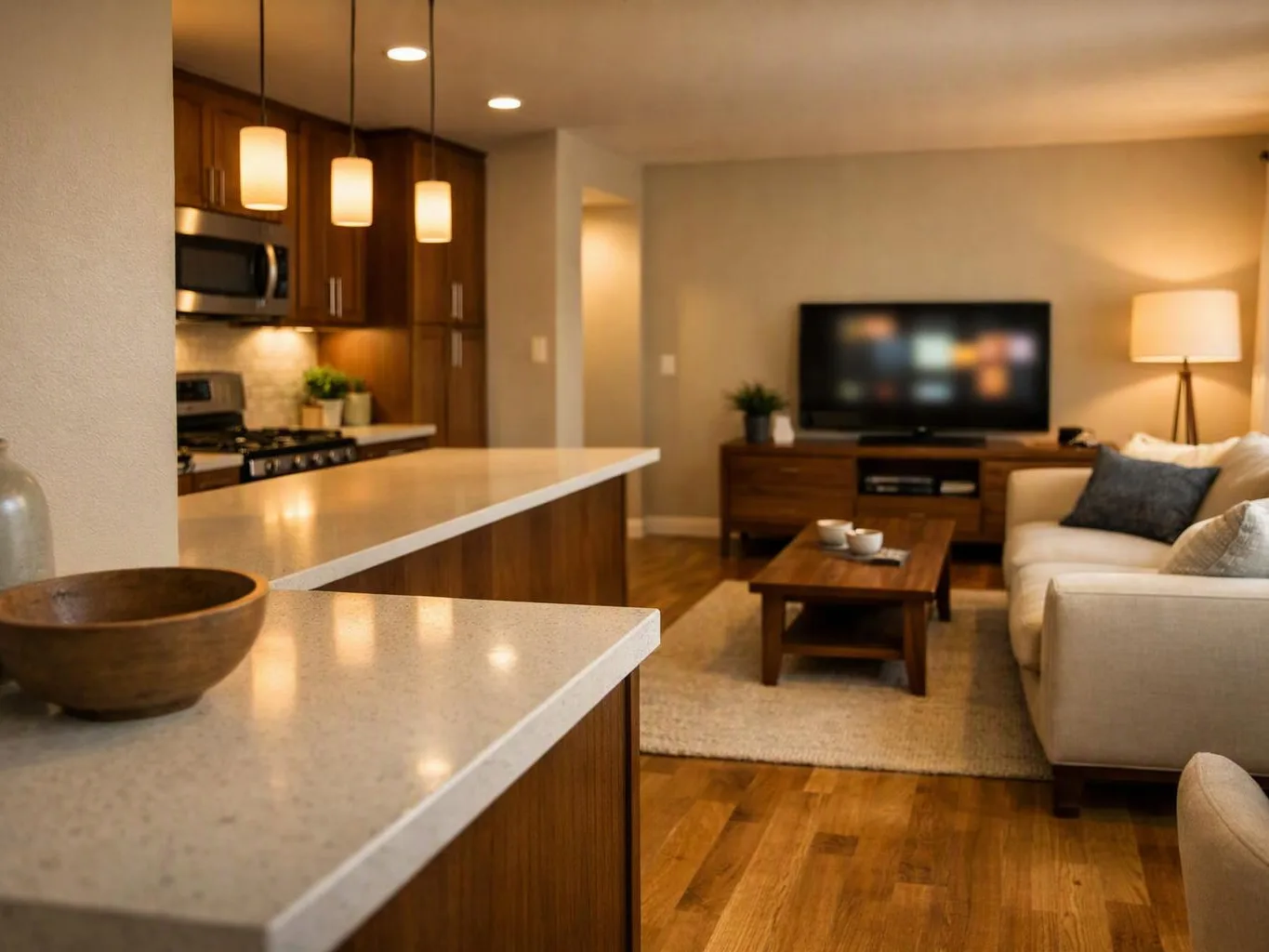 A warm open-plan living room and kitchen features wood cabinets, a beige sofa, and a TV on a console