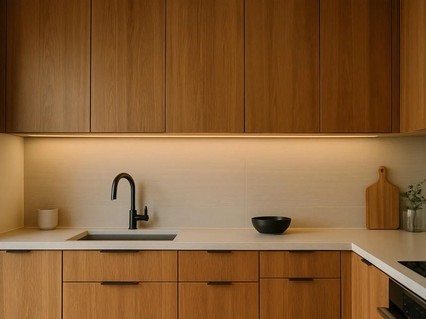 Warm wood kitchen cabinets frame a minimalist counter with a black faucet, sink, bowl, and cutting boards