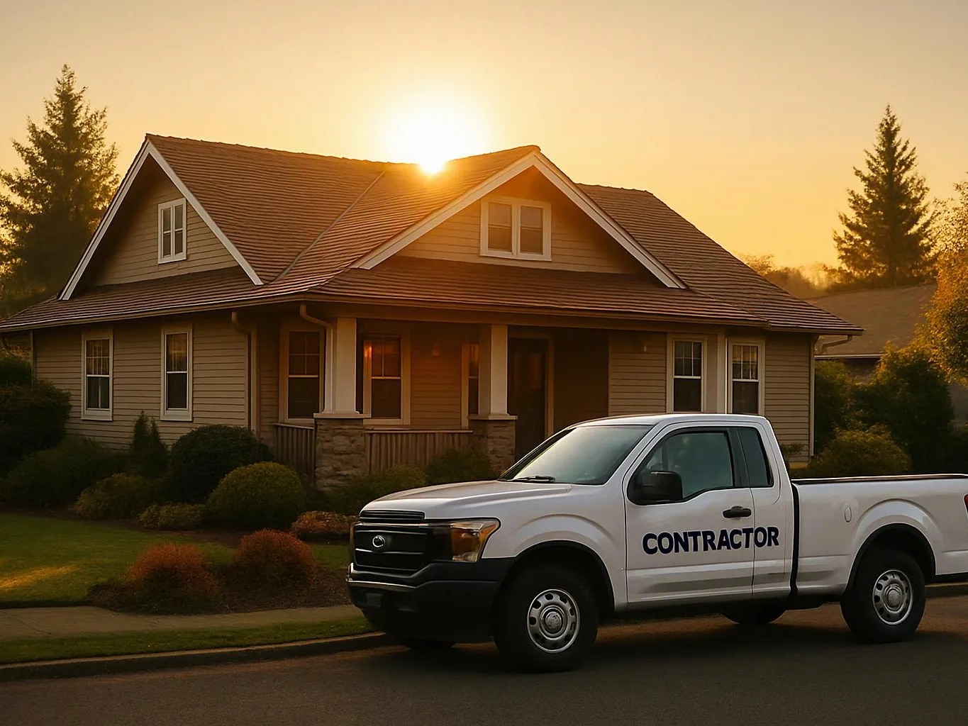 A white pickup truck marked contractor sits in front of a house at sunset