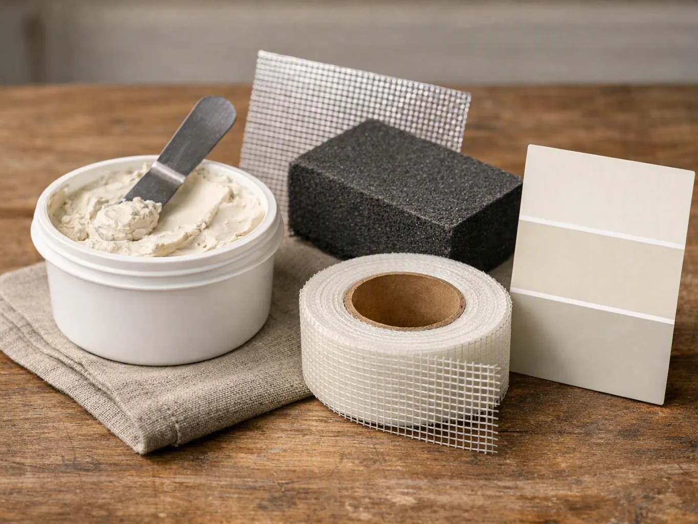 A white tub of paste with a spatula sits beside sanding blocks, mesh tape, and color sample cards on a wooden table