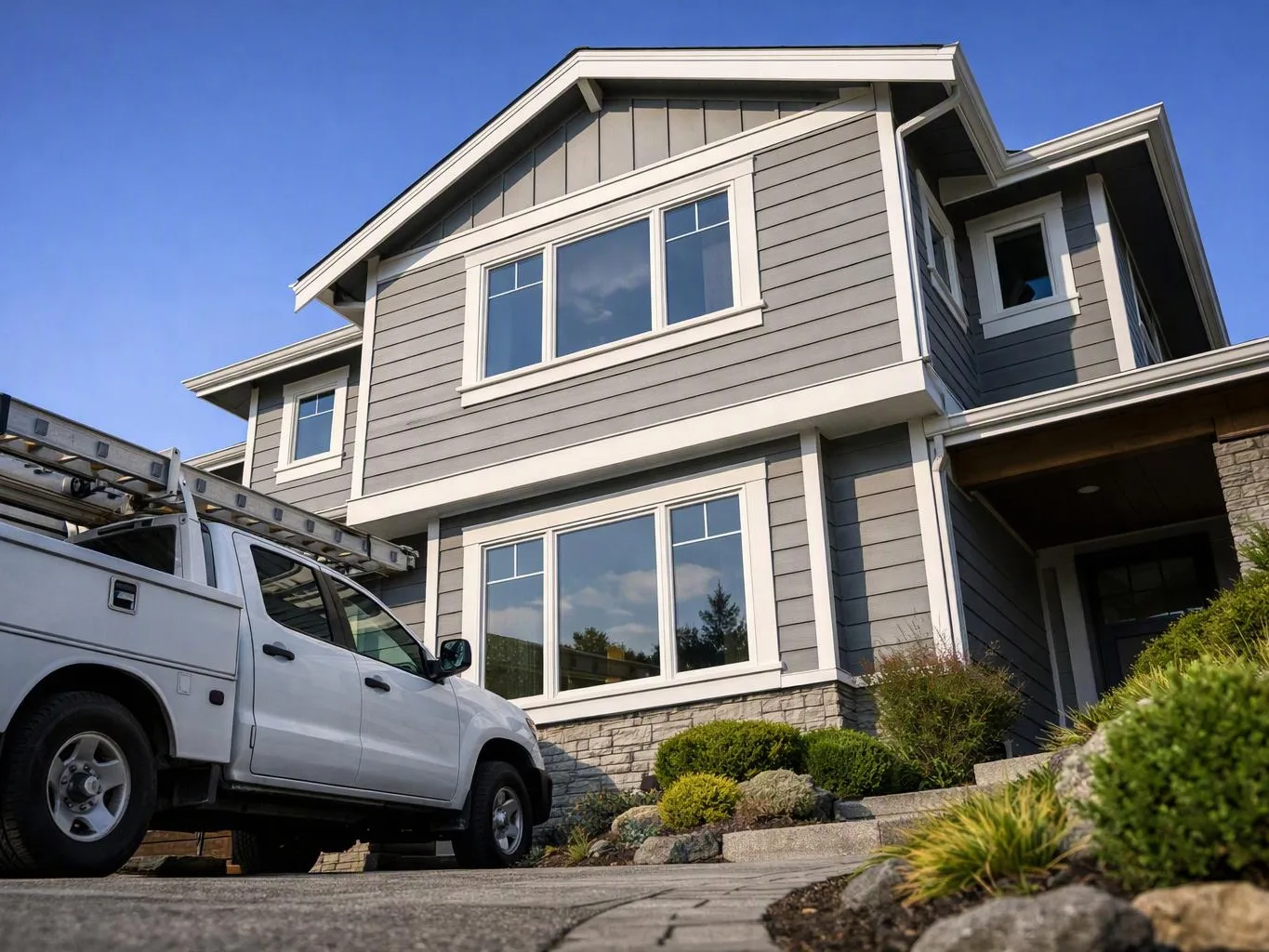 A white utility truck with a ladder is parked beside a gray two-story house with large windows