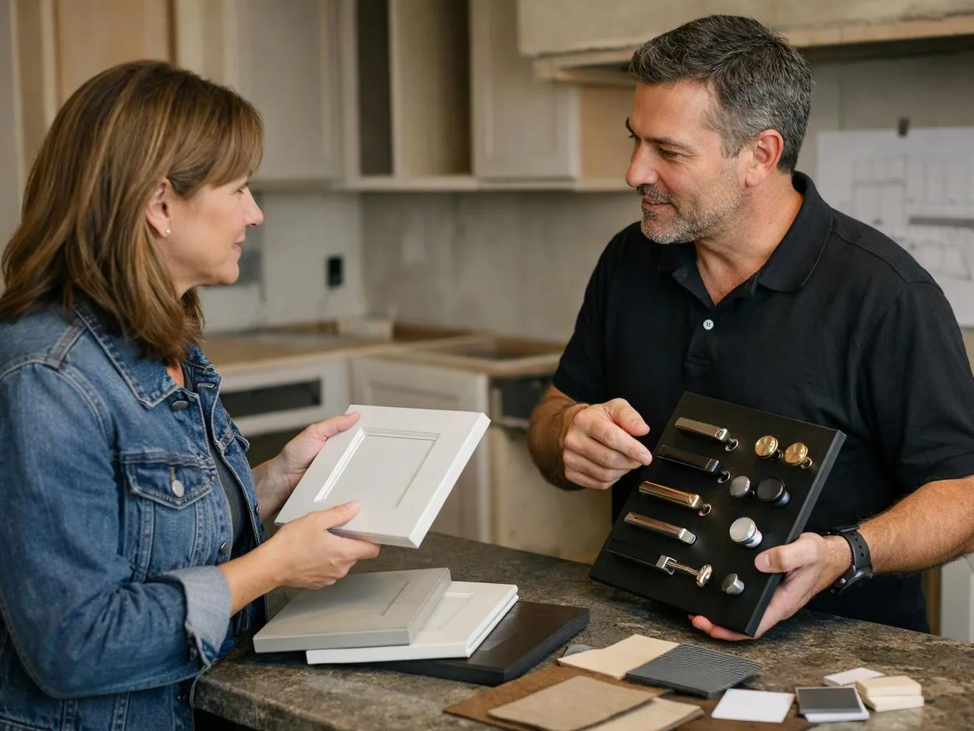 A woman and man compare cabinet door samples and hardware in a kitchen showroom