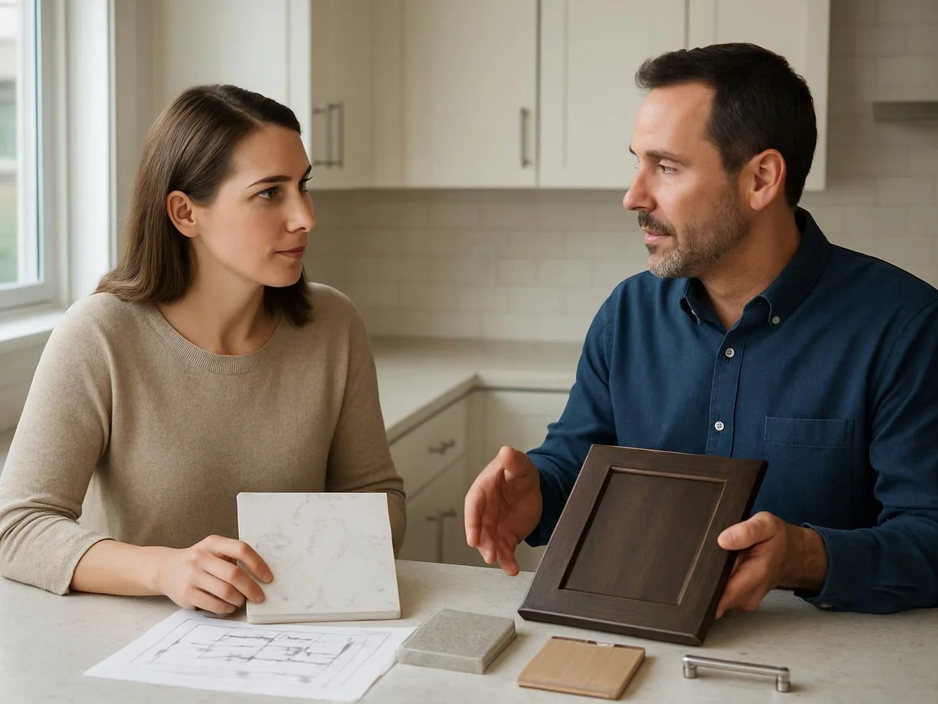 A woman and man compare cabinet samples and a floor plan at a bright kitchen counter