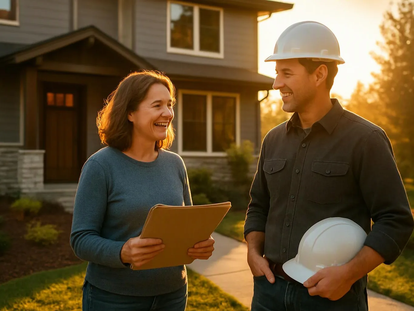 A woman and a man in a hard hat smile outside a house, holding papers and another helmet