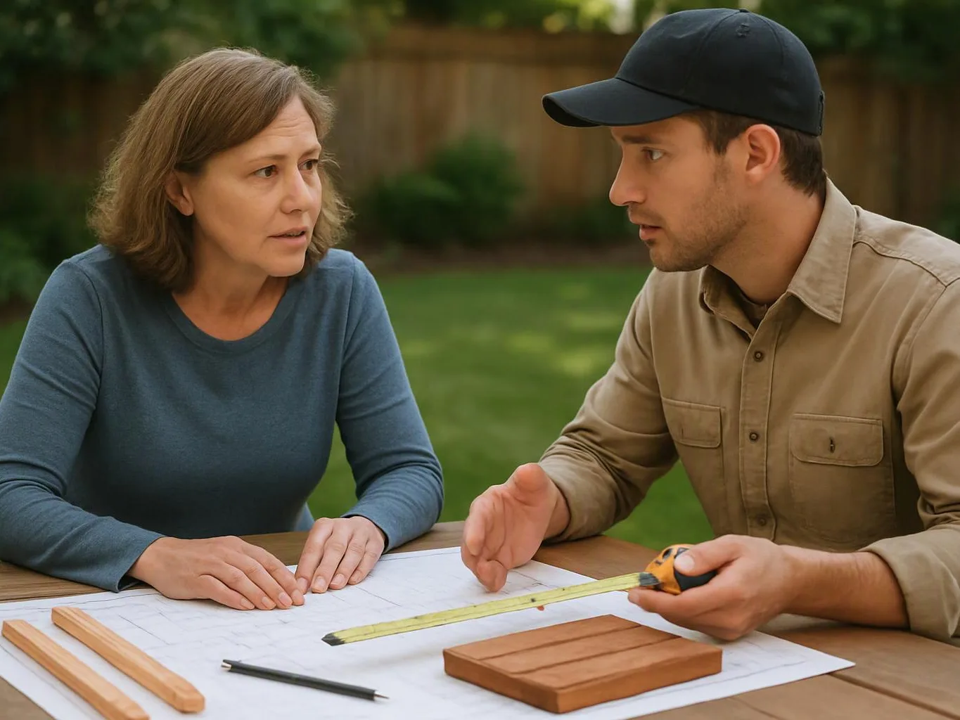 A woman and a man study a plan at an outdoor table, with a tape measure, pencil, and wood pieces between them