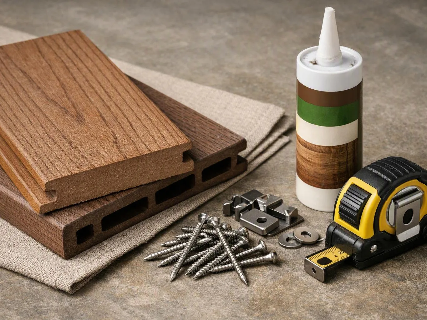Wood composite boards, screws, metal clips, a caulk tube, and a tape measure sit on a work surface