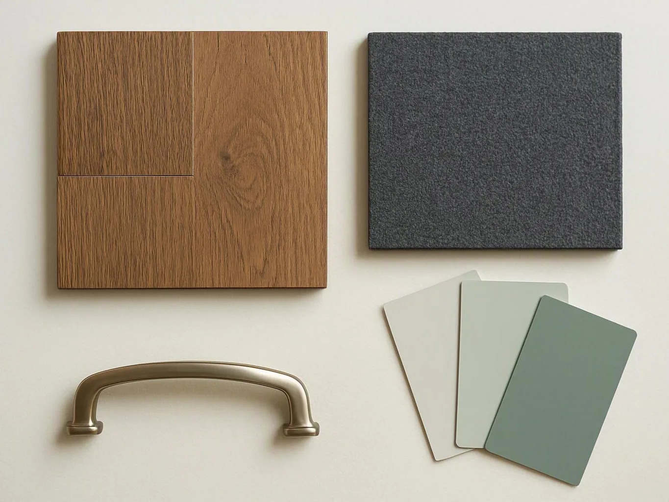 Wood and fabric sample boards, paint swatches, and a metal handle are arranged on a light surface