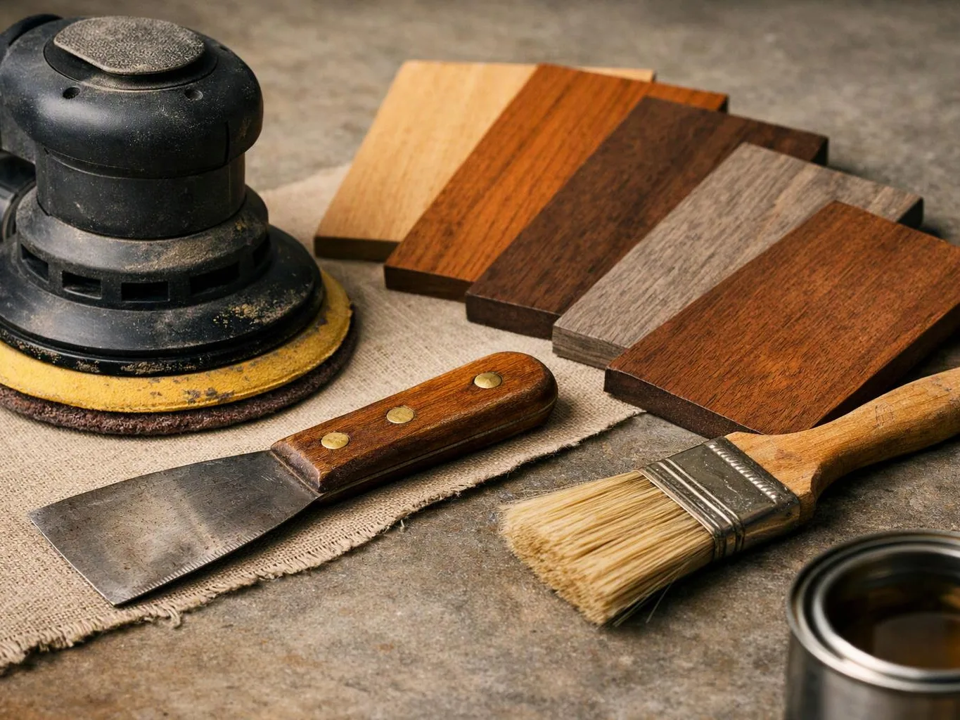 Wood stain samples, a sander, a putty knife, and a brush sit on a work surface
