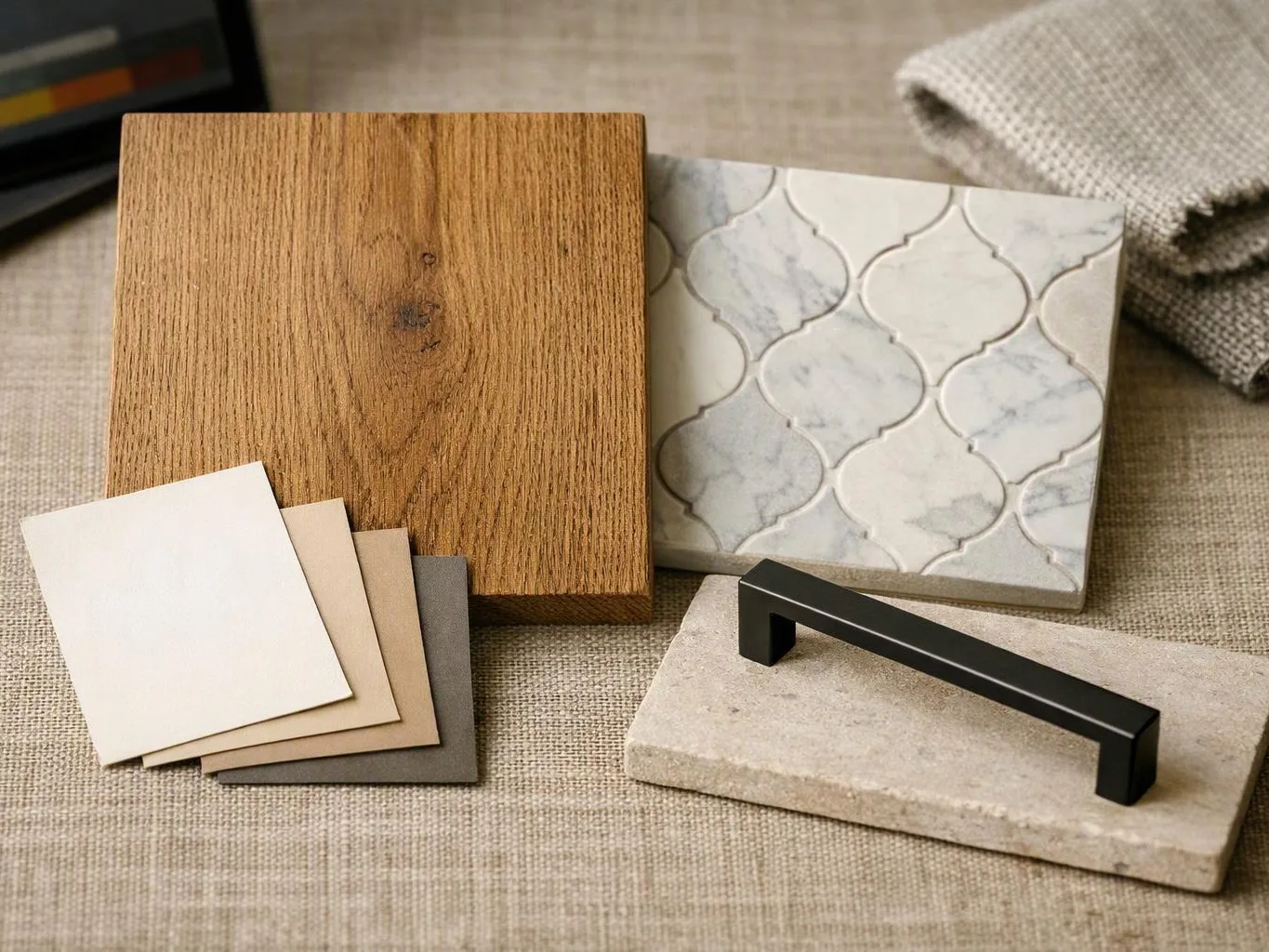 Wood, tile, paint swatches, and a black handle sit on a textured fabric surface