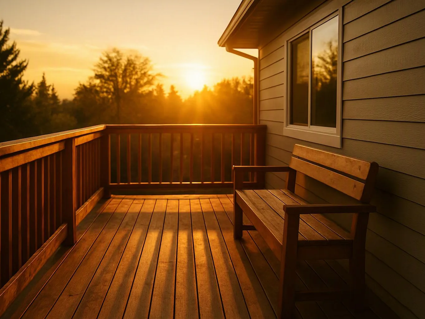 A wooden deck with a bench faces a glowing sunset over distant trees