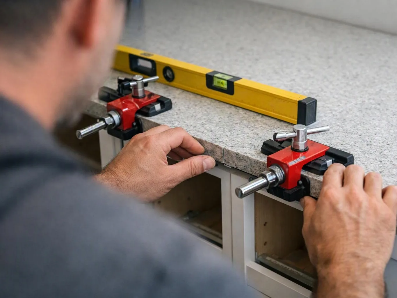 A worker clamps a stone countertop edge while checking its level with a yellow spirit level
