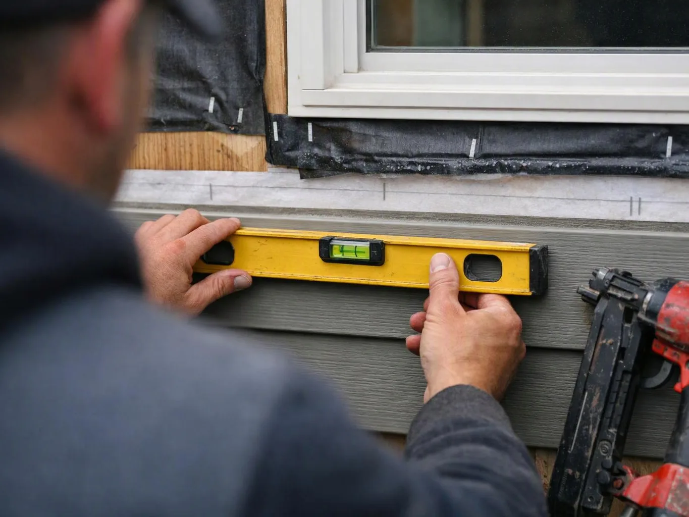 A worker levels gray siding under a window with a yellow spirit level and a nail gun nearby