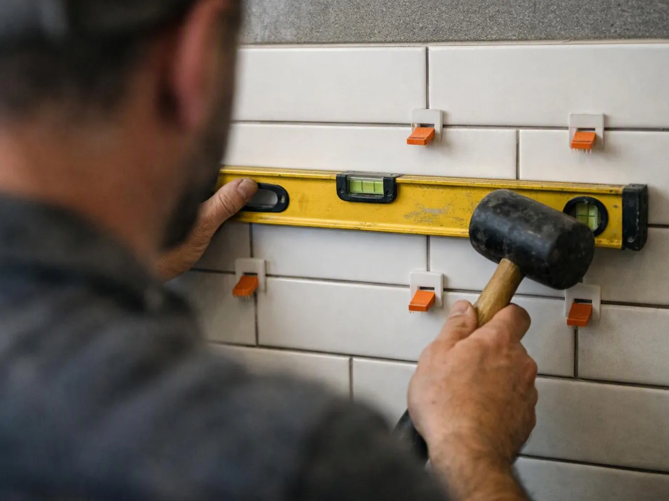 A worker levels white wall tiles with a yellow spirit level and rubber mallet on a tiled wall