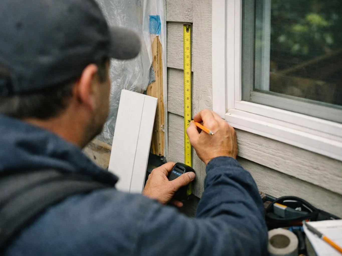 A worker measures beside a window with a tape, pencil, and tools on an exterior wall