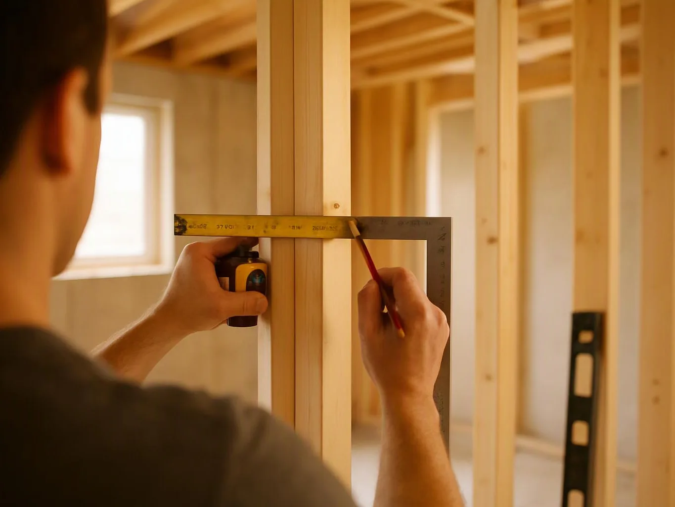 A worker measures a wooden wall frame with a square and pencil inside a room under construction