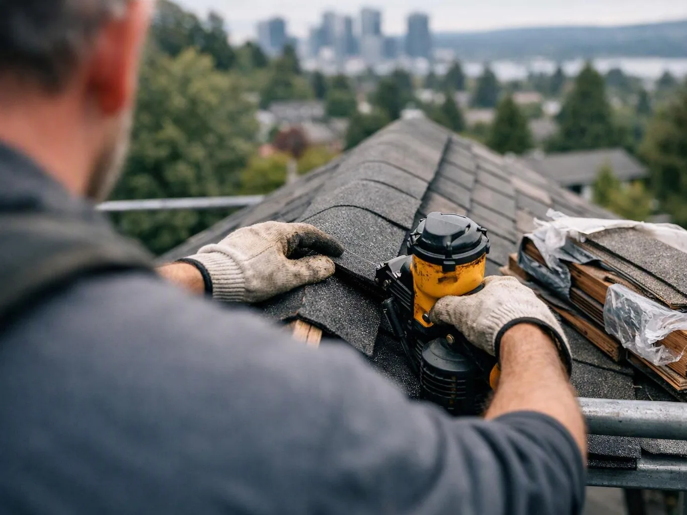 A worker on a roof fastens shingles with a yellow nail gun, with a city skyline blurred behind him