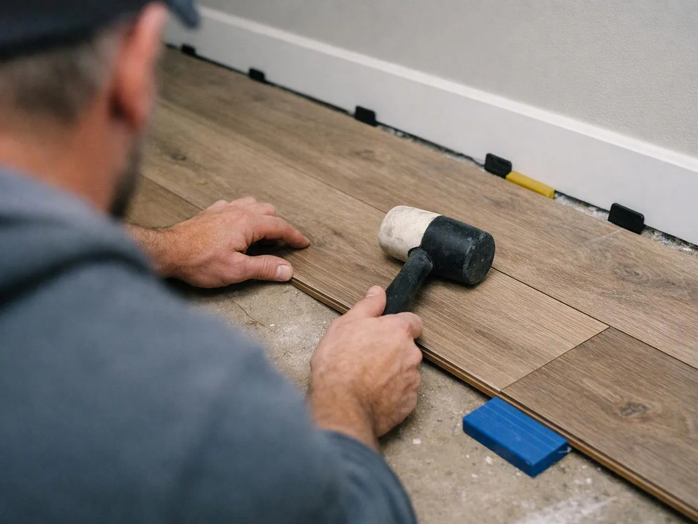 A worker taps wood flooring into place with a rubber mallet beside a wall