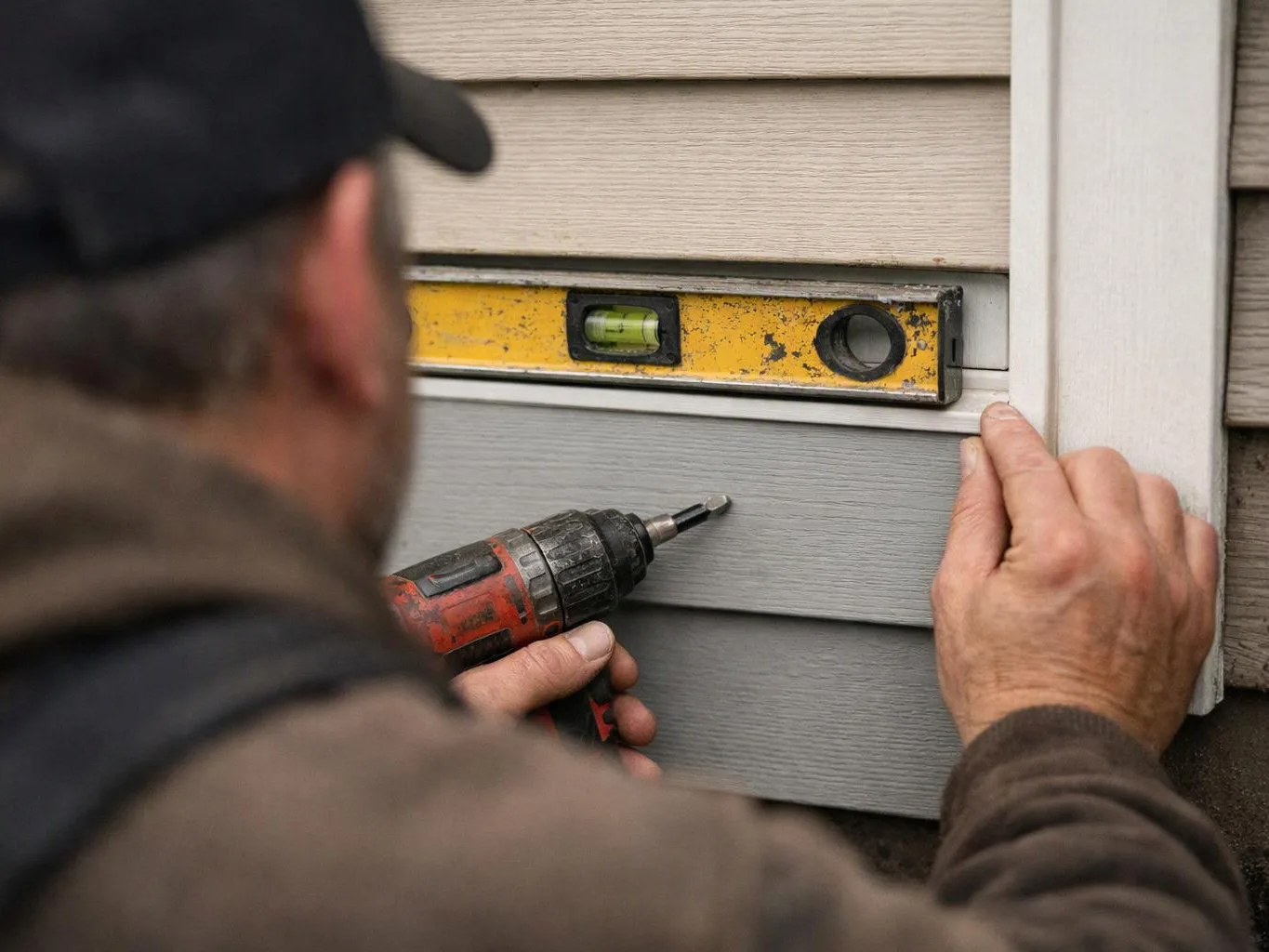 A worker uses a power drill to fasten a gray siding panel beside a yellow level outdoors