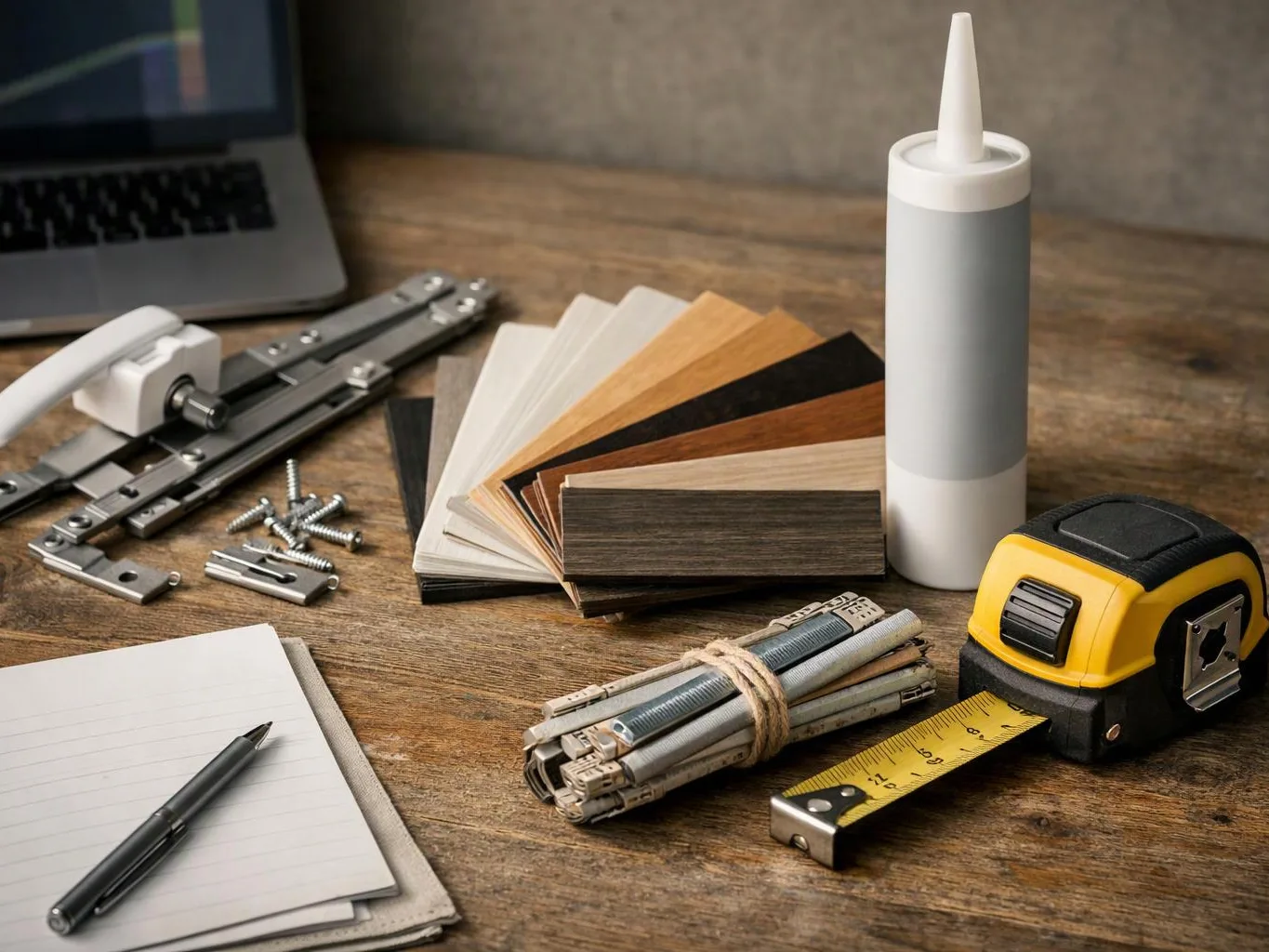 A workspace still life shows measuring tools, screws, wood samples, a laptop, and a notebook on a wooden table