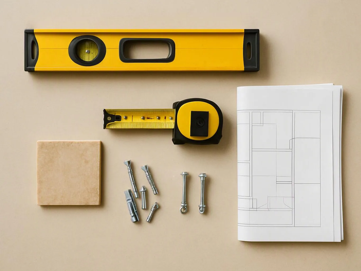 A yellow spirit level, tape measure, screws, a tile sample, and rolled floor plans lie on a beige surface